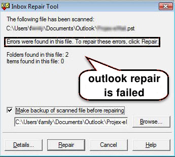 Outlook Reparatur ist fehlgeschlagen