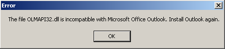 olmapi32.dll incompatible with outlook office 2007